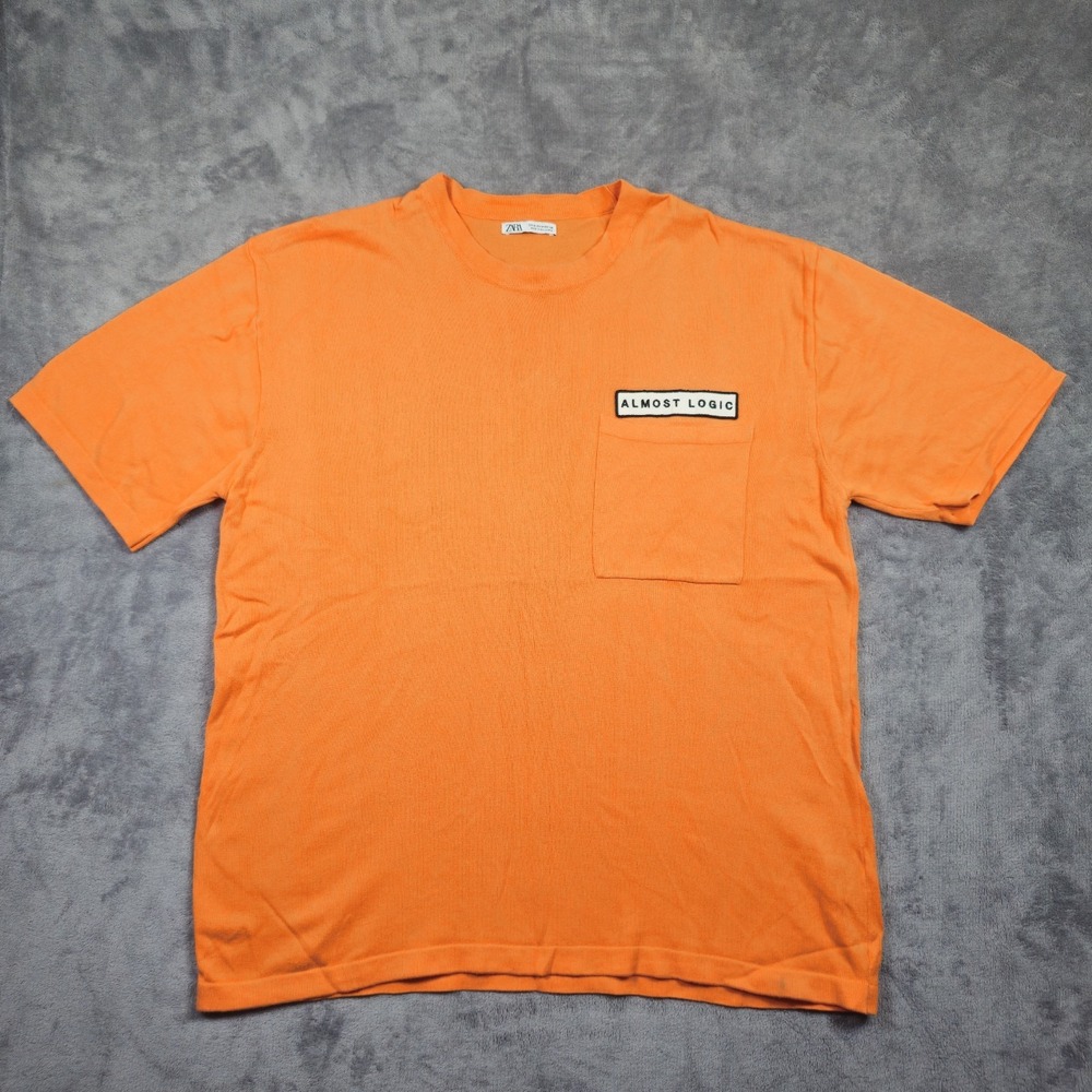 Zara Men T Shirt Medium Orange Pocket Almost Logic Stretch Casual